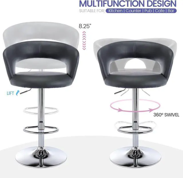 Alt view image 6 of 7 - Brage Living Wide Bar Stool, Modern PU Leather Swivel Adjustable Barstool with Hollow Back and Arms, Upholstered Airlift Counter Height Bar Chair for Kitchen Dining (Slate Grey)