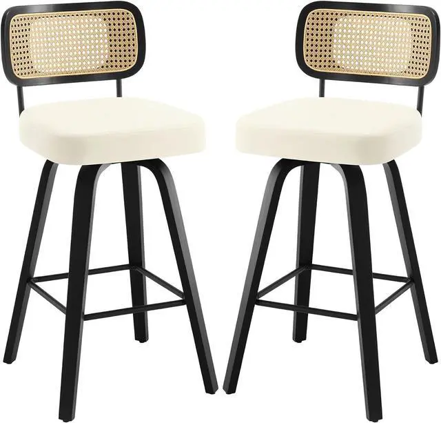 Alt view image 3 of 7 - Swivel Bar Height Stools Set of 2, Upholstered Faux Leather Barstools with Rattan Back, 29" Seat Height Tall Bar Stools for Kitchen Counter, Black Wood Frame, Cream White