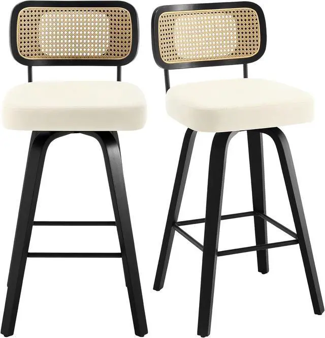 Alt view image 6 of 7 - Swivel Bar Height Stools Set of 2, Upholstered Faux Leather Barstools with Rattan Back, 29" Seat Height Tall Bar Stools for Kitchen Counter, Black Wood Frame, Cream White