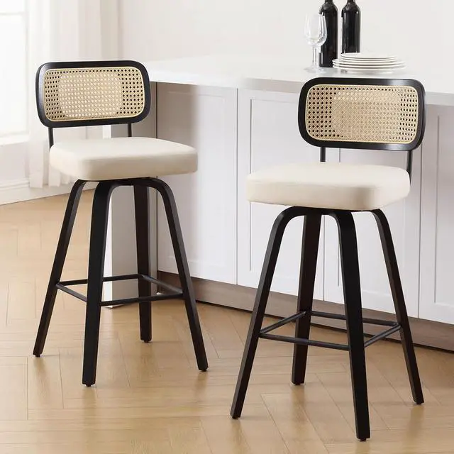 Alt view image 7 of 7 - Swivel Bar Height Stools Set of 2, Upholstered Faux Leather Barstools with Rattan Back, 29" Seat Height Tall Bar Stools for Kitchen Counter, Black Wood Frame, Cream White