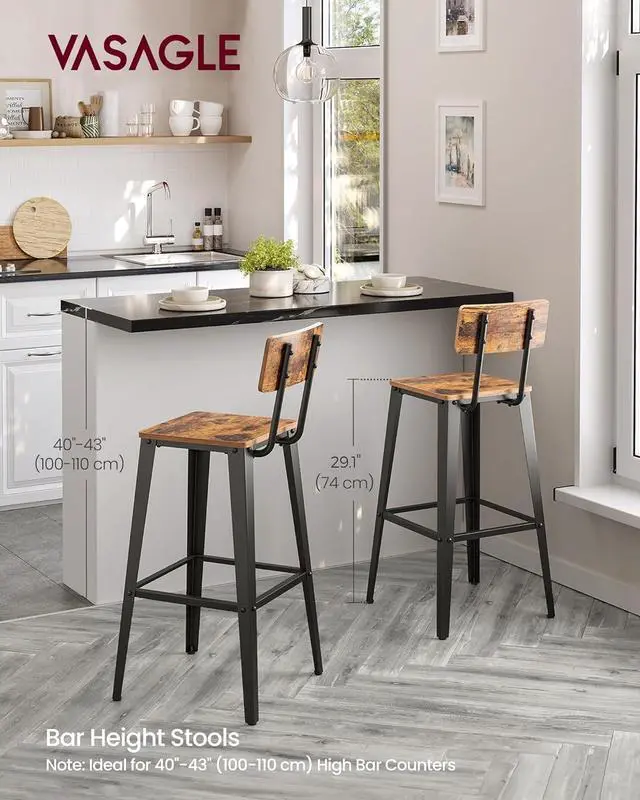 Alt view image 3 of 7 - VASAGLE Set of 2 Bar Stools, Bar Height Stools, Tall Bar Stools with Back, Bar Chairs, Steel Frame, Industrial Style, Easy Assembly, Rustic Brown and Ink Black ULBC078B01