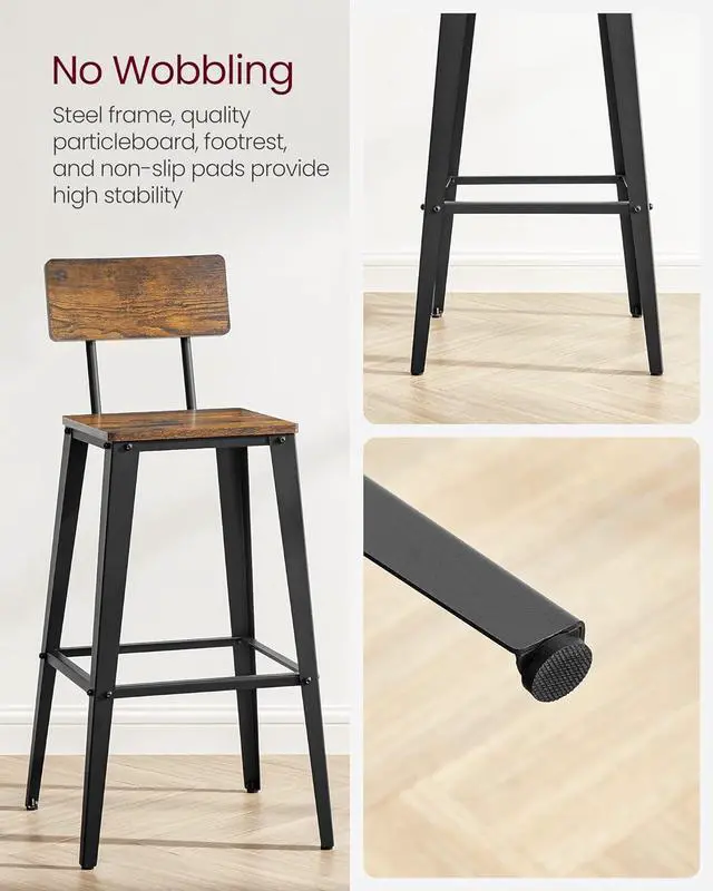 Alt view image 4 of 7 - VASAGLE Set of 2 Bar Stools, Bar Height Stools, Tall Bar Stools with Back, Bar Chairs, Steel Frame, Industrial Style, Easy Assembly, Rustic Brown and Ink Black ULBC078B01