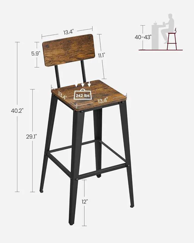 Alt view image 7 of 7 - VASAGLE Set of 2 Bar Stools, Bar Height Stools, Tall Bar Stools with Back, Bar Chairs, Steel Frame, Industrial Style, Easy Assembly, Rustic Brown and Ink Black ULBC078B01
