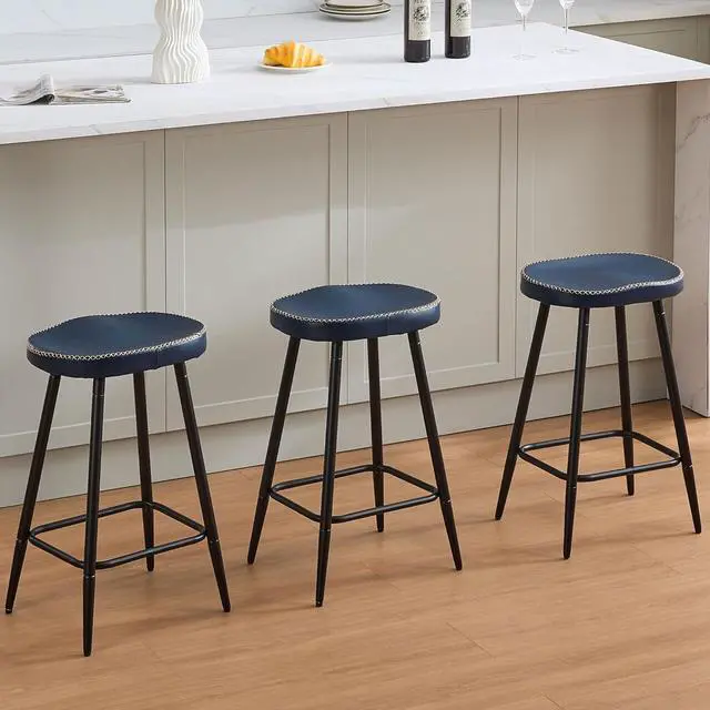 Main image of Counter Stools Set of 3, Modern 24 inch Counter Height Stools, Faux Leather Backless Barstools for Kitchen Island (Navy Blue, 3 PCS 24'' Height)