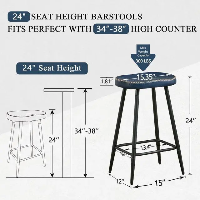 Alt view image 2 of 7 - Counter Stools Set of 3, Modern 24 inch Counter Height Stools, Faux Leather Backless Barstools for Kitchen Island (Navy Blue, 3 PCS 24'' Height)