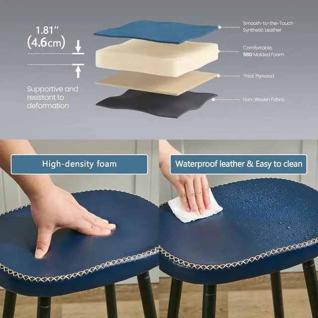 Alt view image 4 of 7 - Counter Stools Set of 3, Modern 24 inch Counter Height Stools, Faux Leather Backless Barstools for Kitchen Island (Navy Blue, 3 PCS 24'' Height)