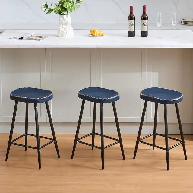 Alt view image 5 of 7 - Counter Stools Set of 3, Modern 24 inch Counter Height Stools, Faux Leather Backless Barstools for Kitchen Island (Navy Blue, 3 PCS 24'' Height)