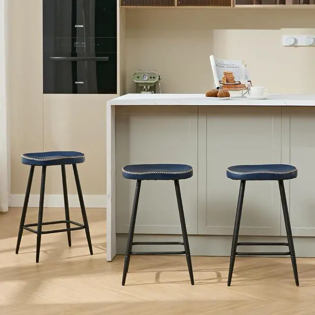 Alt view image 6 of 7 - Counter Stools Set of 3, Modern 24 inch Counter Height Stools, Faux Leather Backless Barstools for Kitchen Island (Navy Blue, 3 PCS 24'' Height)