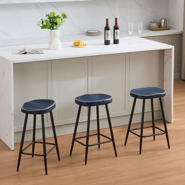 Alt view image 7 of 7 - Counter Stools Set of 3, Modern 24 inch Counter Height Stools, Faux Leather Backless Barstools for Kitchen Island (Navy Blue, 3 PCS 24'' Height)