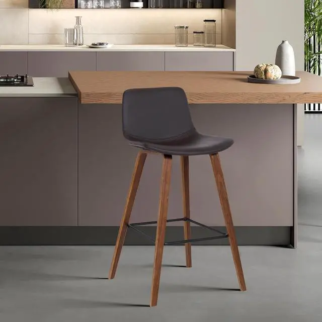 Alt view image 2 of 7 - Armen Living Maddie Modern Contemporary 26" Seat Height Bar Stool for Kitchen Island Counter in Walnut Wood Finish and Brown Faux Leather