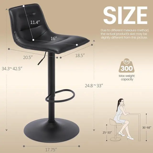 Alt view image 3 of 7 - Brage Living Adjustable Bar Stools Set of 2, Modern PU Leather Swivel Counter Height Barstools with Back, Armless Airlift Curved Bar Chairs for Kitchen Dining Cafe (Black, Black Base)