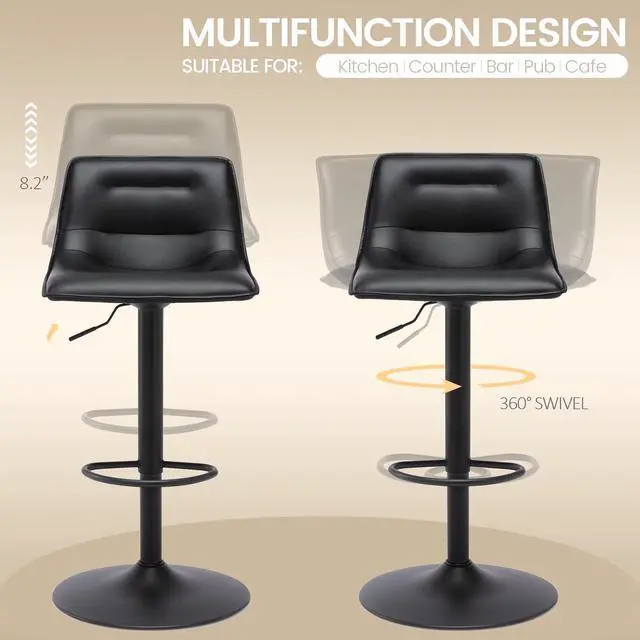 Alt view image 5 of 7 - Brage Living Adjustable Bar Stools Set of 2, Modern PU Leather Swivel Counter Height Barstools with Back, Armless Airlift Curved Bar Chairs for Kitchen Dining Cafe (Black, Black Base)
