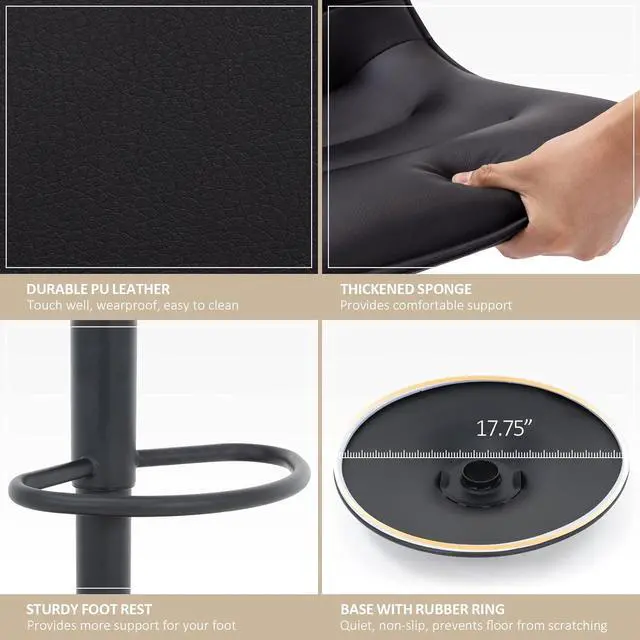 Alt view image 6 of 7 - Brage Living Adjustable Bar Stools Set of 2, Modern PU Leather Swivel Counter Height Barstools with Back, Armless Airlift Curved Bar Chairs for Kitchen Dining Cafe (Black, Black Base)