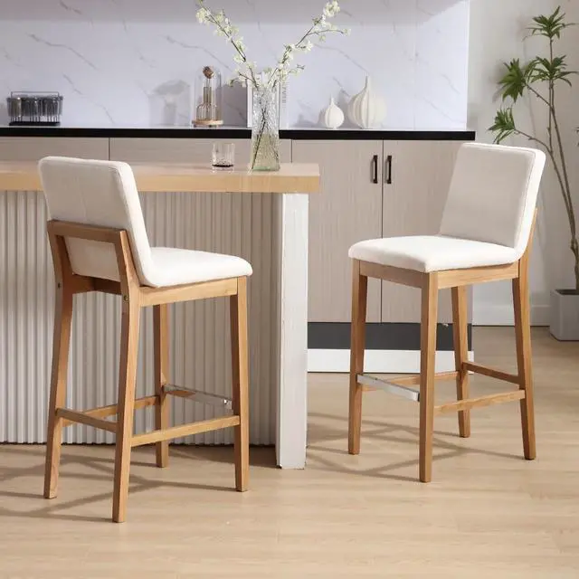 Alt view image 2 of 7 - Bar Stools Set of 4 for Kitchen Island Linen Fabric Upholstered Wood Barstools with Back 30 Inch Mid Century Bar Height Stool Chairs for Home Bar/Patio/Cafe/Restaurant, Beige
