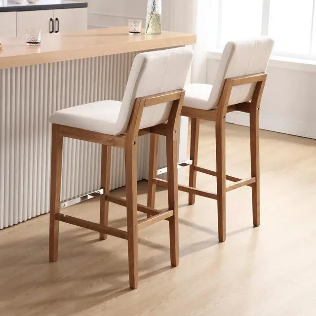 Alt view image 4 of 7 - Bar Stools Set of 4 for Kitchen Island Linen Fabric Upholstered Wood Barstools with Back 30 Inch Mid Century Bar Height Stool Chairs for Home Bar/Patio/Cafe/Restaurant, Beige