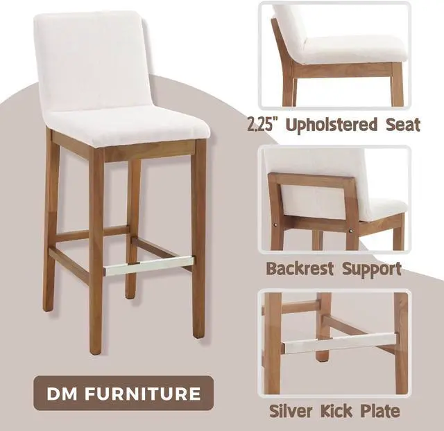 Alt view image 5 of 7 - Bar Stools Set of 4 for Kitchen Island Linen Fabric Upholstered Wood Barstools with Back 30 Inch Mid Century Bar Height Stool Chairs for Home Bar/Patio/Cafe/Restaurant, Beige