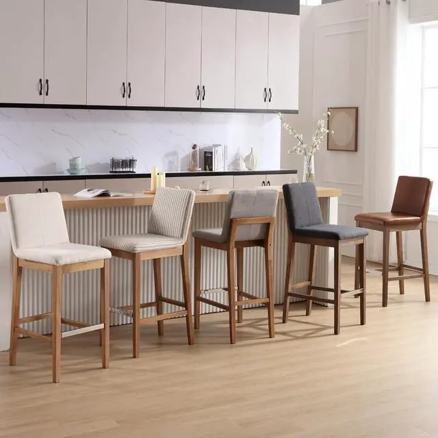 Alt view image 7 of 7 - Bar Stools Set of 4 for Kitchen Island Linen Fabric Upholstered Wood Barstools with Back 30 Inch Mid Century Bar Height Stool Chairs for Home Bar/Patio/Cafe/Restaurant, Beige