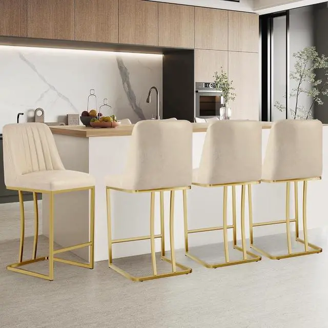 Main image of LSSBOUGHT Counter Height Bar Stools Set of 4 24'' Upholstered Padded Barstools with Back Leathaire Counter stools for Kitchen Island Chairs with Gold Metal Iron Frame, Beige