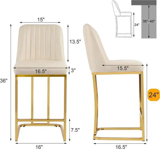 Alt view image 2 of 7 - LSSBOUGHT Counter Height Bar Stools Set of 4 24'' Upholstered Padded Barstools with Back Leathaire Counter stools for Kitchen Island Chairs with Gold Metal Iron Frame, Beige