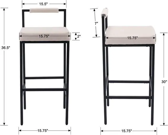 Alt view image 2 of 7 - EALSON Modern Bar Stools Set of 2 Linen Upholstered Bar Height Barstools with Low Back and Metal Frame 30 Inch Couter Tall Bar Chairs Industrial Island Chairs for Kitchen/Pub, Beige
