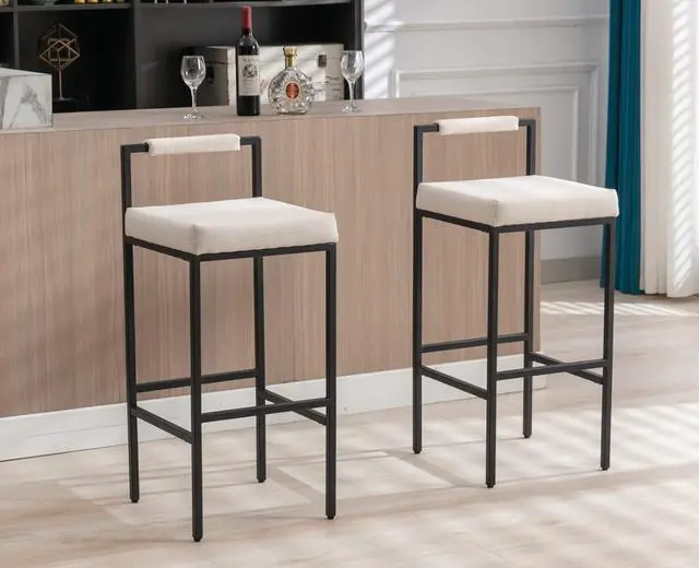 Alt view image 3 of 7 - EALSON Modern Bar Stools Set of 2 Linen Upholstered Bar Height Barstools with Low Back and Metal Frame 30 Inch Couter Tall Bar Chairs Industrial Island Chairs for Kitchen/Pub, Beige