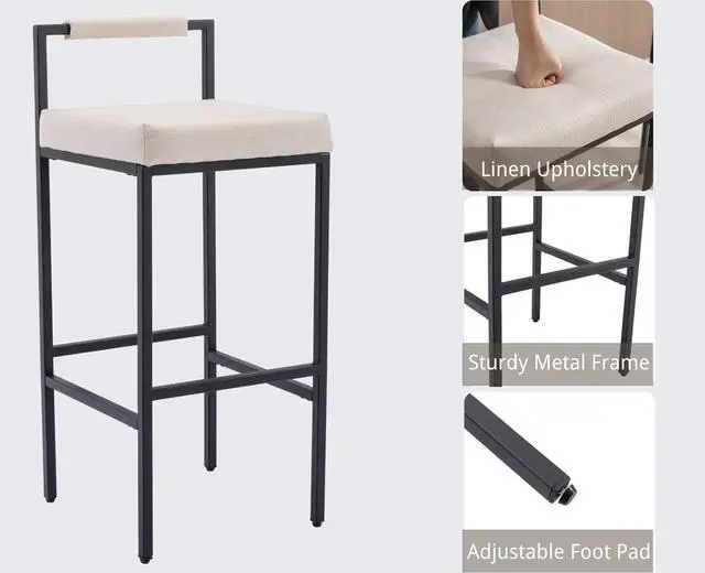 Alt view image 4 of 7 - EALSON Modern Bar Stools Set of 2 Linen Upholstered Bar Height Barstools with Low Back and Metal Frame 30 Inch Couter Tall Bar Chairs Industrial Island Chairs for Kitchen/Pub, Beige