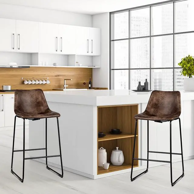 Alt view image 3 of 7 - ERGOMASTER Bar Stools Set of 4 Modern 30 Inch Bar Height Chairs Leather Barstools with Back and Sturdy Metal Legs for Kitchen Island Home Bar (Brown)