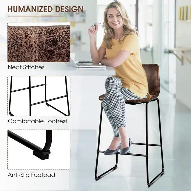 Alt view image 5 of 7 - ERGOMASTER Bar Stools Set of 4 Modern 30 Inch Bar Height Chairs Leather Barstools with Back and Sturdy Metal Legs for Kitchen Island Home Bar (Brown)