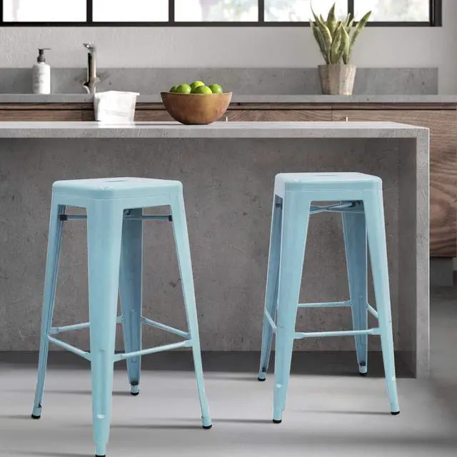 Alt view image 6 of 7 - JUMMICO 30 Inches Metal Bar Stools Industrial Barstools Stackable High Backless Stools Vintage Indoor Outdoor Stackable Kitchen Stools Set of 4 (Blue)