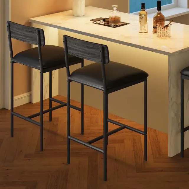 Main image of Bar Stools Set of 2, Upholstered Bar Chairs with Back, 25.5 Inches Kitchen Bar Stools with Footrest, Thick Cushion, Counter Height Barstools for Island, Counter Bar, Easy Assembly, Rustic Grey
