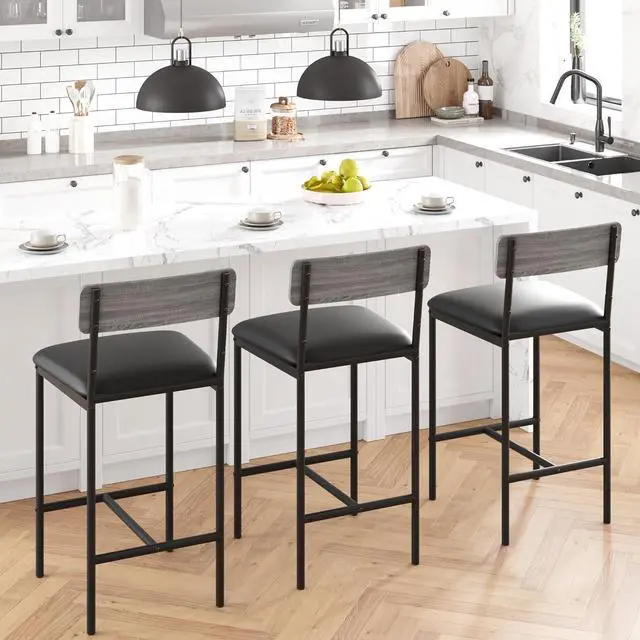 Alt view image 3 of 7 - Bar Stools Set of 2, Upholstered Bar Chairs with Back, 25.5 Inches Kitchen Bar Stools with Footrest, Thick Cushion, Counter Height Barstools for Island, Counter Bar, Easy Assembly, Rustic Grey