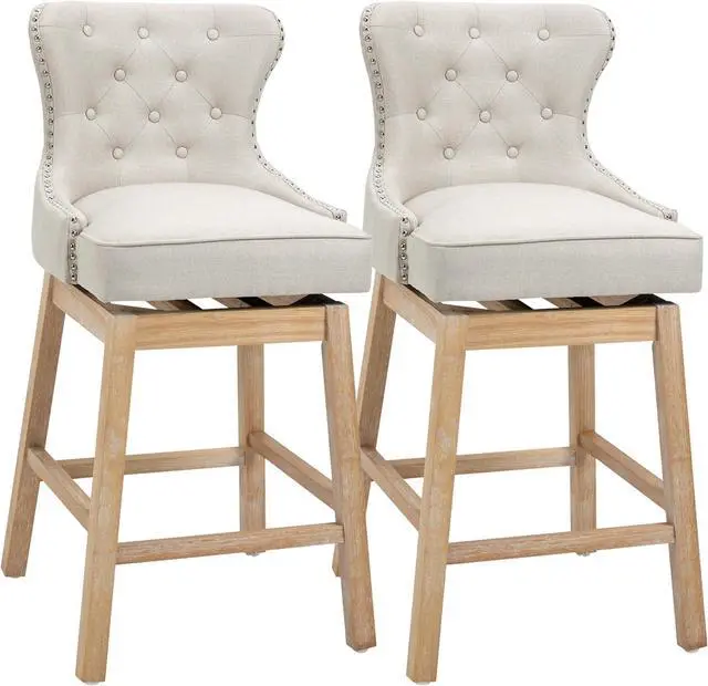 Main image of HOMCOM Upholstered Fabric Bar Height Bar Stools, 180° Swivel Nailhead-Trim Pub Chairs, 30" Seat Height with Rubber Wood Legs, Set of 2, Cream