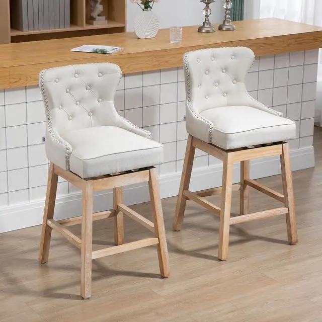 Alt view image 2 of 7 - HOMCOM Upholstered Fabric Bar Height Bar Stools, 180° Swivel Nailhead-Trim Pub Chairs, 30" Seat Height with Rubber Wood Legs, Set of 2, Cream