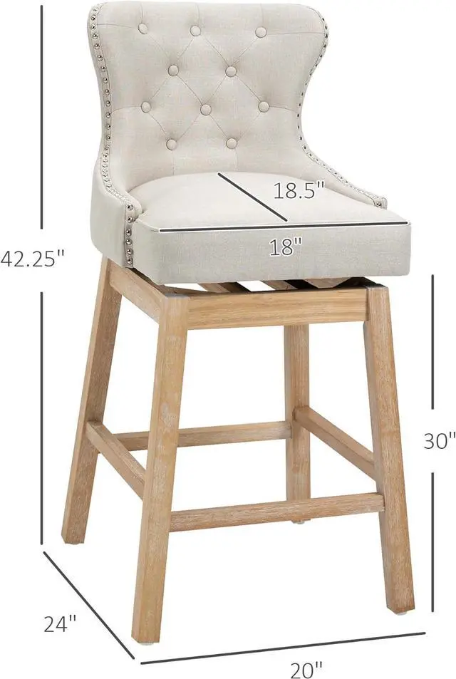 Alt view image 3 of 7 - HOMCOM Upholstered Fabric Bar Height Bar Stools, 180° Swivel Nailhead-Trim Pub Chairs, 30" Seat Height with Rubber Wood Legs, Set of 2, Cream