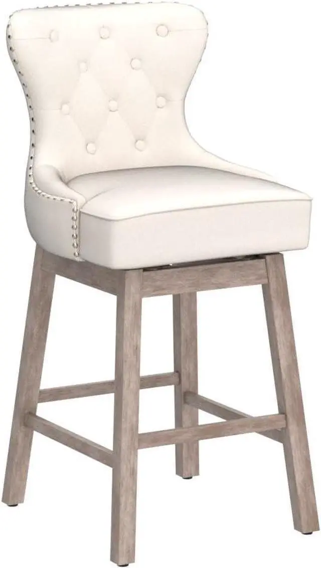 Alt view image 5 of 7 - HOMCOM Upholstered Fabric Bar Height Bar Stools, 180° Swivel Nailhead-Trim Pub Chairs, 30" Seat Height with Rubber Wood Legs, Set of 2, Cream