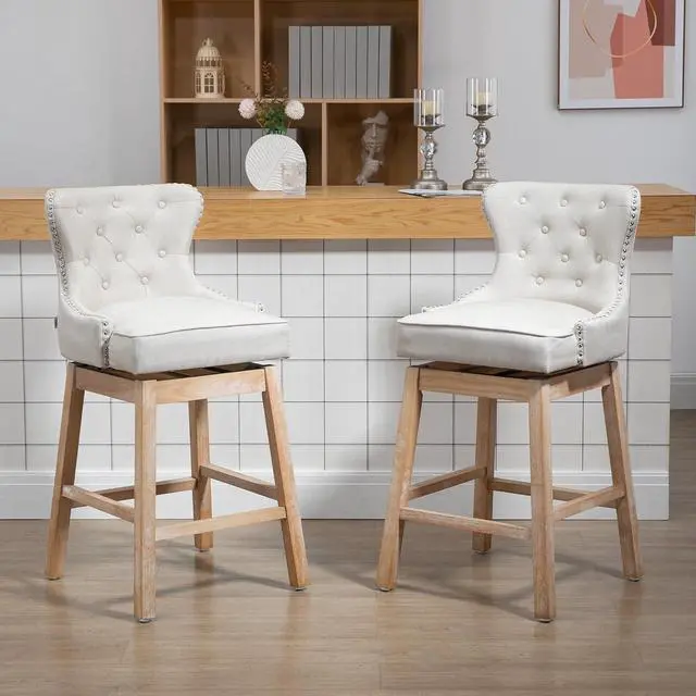 Alt view image 7 of 7 - HOMCOM Upholstered Fabric Bar Height Bar Stools, 180° Swivel Nailhead-Trim Pub Chairs, 30" Seat Height with Rubber Wood Legs, Set of 2, Cream