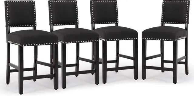 Main image of DAGONHIL 24 inch Bar Stools, Counter Height Stools, Fabric Upholstered Barstools with Back and Wood Legs, Armless Dining Chairs with Silver Copper Nail for Kitchen Island-Set of 4 (Black)