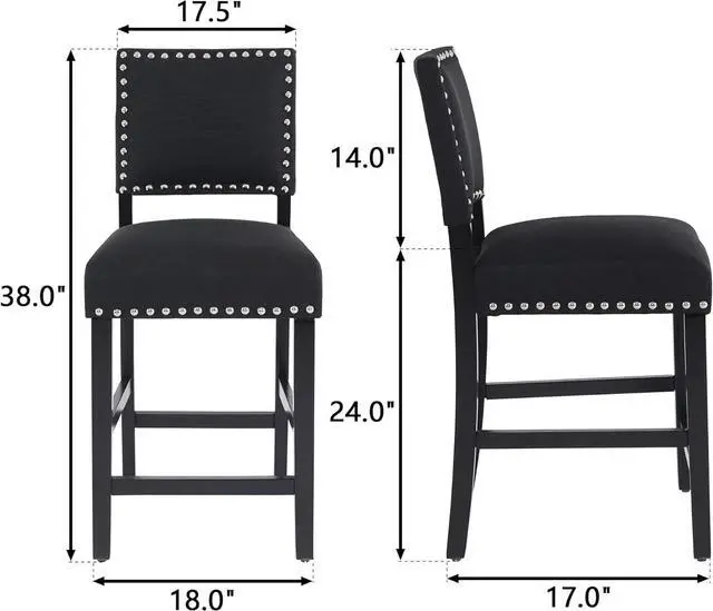 Alt view image 2 of 7 - DAGONHIL 24 inch Bar Stools, Counter Height Stools, Fabric Upholstered Barstools with Back and Wood Legs, Armless Dining Chairs with Silver Copper Nail for Kitchen Island-Set of 4 (Black)