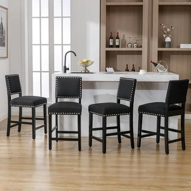 Alt view image 3 of 7 - DAGONHIL 24 inch Bar Stools, Counter Height Stools, Fabric Upholstered Barstools with Back and Wood Legs, Armless Dining Chairs with Silver Copper Nail for Kitchen Island-Set of 4 (Black)