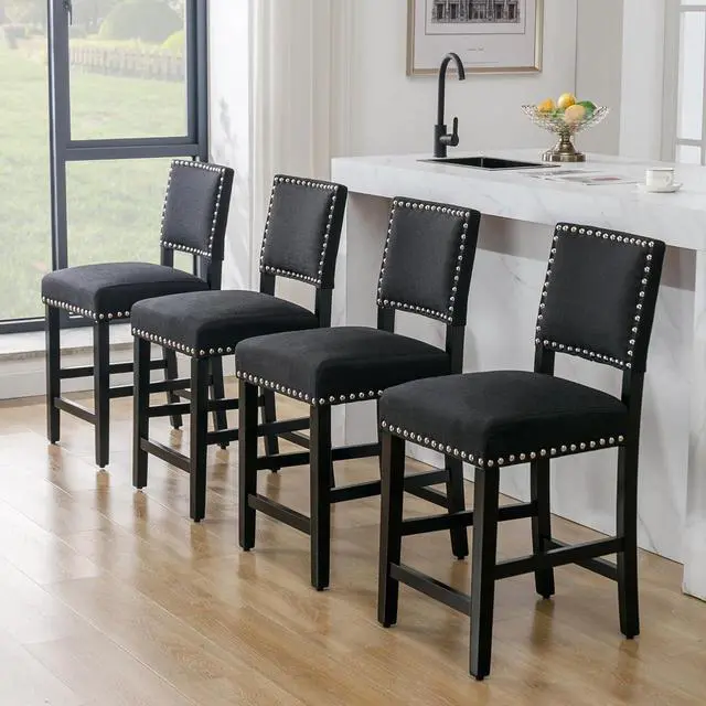 Alt view image 5 of 7 - DAGONHIL 24 inch Bar Stools, Counter Height Stools, Fabric Upholstered Barstools with Back and Wood Legs, Armless Dining Chairs with Silver Copper Nail for Kitchen Island-Set of 4 (Black)