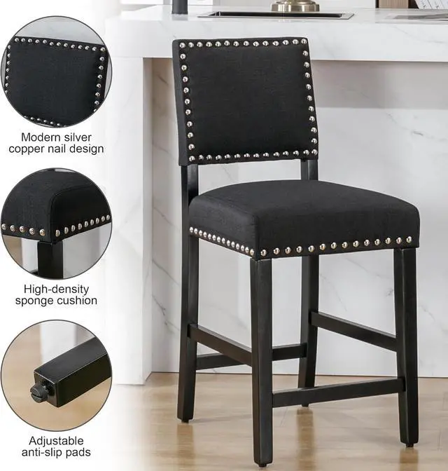 Alt view image 6 of 7 - DAGONHIL 24 inch Bar Stools, Counter Height Stools, Fabric Upholstered Barstools with Back and Wood Legs, Armless Dining Chairs with Silver Copper Nail for Kitchen Island-Set of 4 (Black)