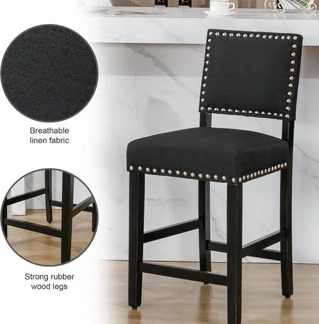 Alt view image 7 of 7 - DAGONHIL 24 inch Bar Stools, Counter Height Stools, Fabric Upholstered Barstools with Back and Wood Legs, Armless Dining Chairs with Silver Copper Nail for Kitchen Island-Set of 4 (Black)