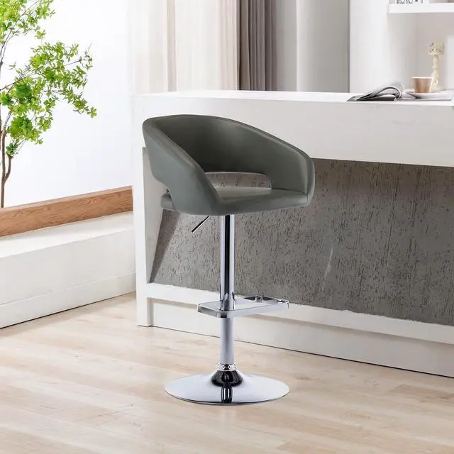 Alt view image 2 of 7 - Vogue Furniture Direct Adjustable Bar Stool with Hollow Back and Arms, Modern PU Leather Swivel Barstool, Airlift Counter Height Bar Chair for Kitchen Dining Room (Grey)