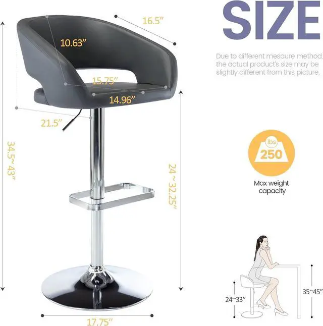 Alt view image 3 of 7 - Vogue Furniture Direct Adjustable Bar Stool with Hollow Back and Arms, Modern PU Leather Swivel Barstool, Airlift Counter Height Bar Chair for Kitchen Dining Room (Grey)