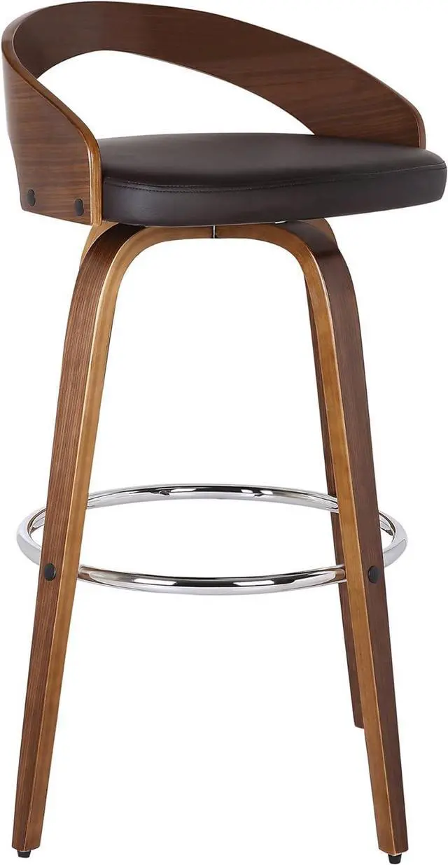 Main image of Armen Living Sonia 26" Seat Height Mid Century Modern Swivel Bar Stool for Kitchen Island Counter in Brown Faux Leather and Walnut Wood
