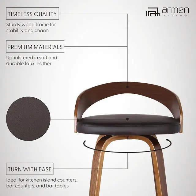 Alt view image 3 of 7 - Armen Living Sonia 26" Seat Height Mid Century Modern Swivel Bar Stool for Kitchen Island Counter in Brown Faux Leather and Walnut Wood