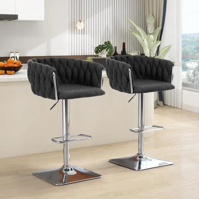 Main image of Swivel Bar Stools Set of 2, Counter Height Bar Stool Chairs Island Stools, Adjustable Boucle Fabric Barstools Dining Chair 360 Degree Swivel Bar Chairs for Kitchen Island Pub Living Room, Black