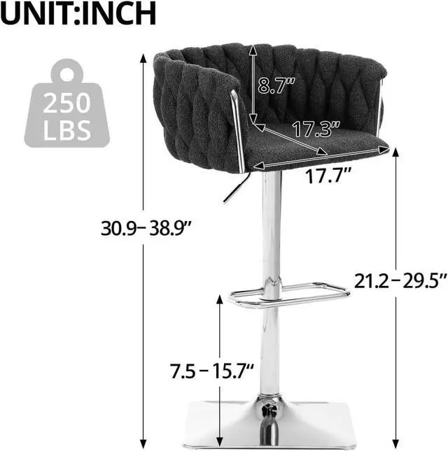 Alt view image 2 of 7 - Swivel Bar Stools Set of 2, Counter Height Bar Stool Chairs Island Stools, Adjustable Boucle Fabric Barstools Dining Chair 360 Degree Swivel Bar Chairs for Kitchen Island Pub Living Room, Black