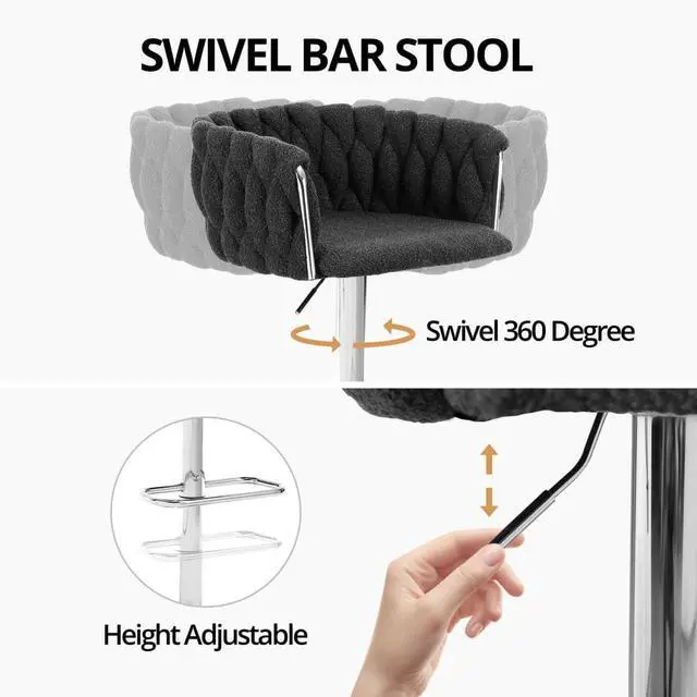 Alt view image 3 of 7 - Swivel Bar Stools Set of 2, Counter Height Bar Stool Chairs Island Stools, Adjustable Boucle Fabric Barstools Dining Chair 360 Degree Swivel Bar Chairs for Kitchen Island Pub Living Room, Black