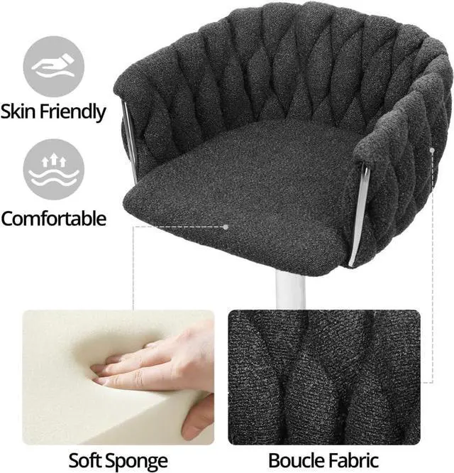 Alt view image 4 of 7 - Swivel Bar Stools Set of 2, Counter Height Bar Stool Chairs Island Stools, Adjustable Boucle Fabric Barstools Dining Chair 360 Degree Swivel Bar Chairs for Kitchen Island Pub Living Room, Black